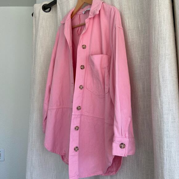 Zara Oversized Pink Denim Jacket Jean Shacket Button Front Medium - Picture 5 of 13